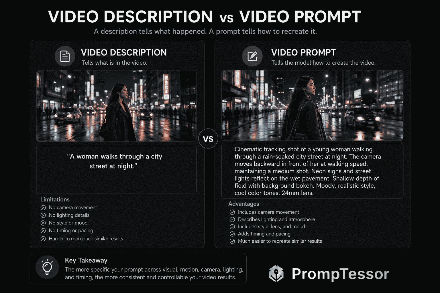 Video description versus video generation prompt comparing a simple caption with detailed camera motion lighting timing and style instructions