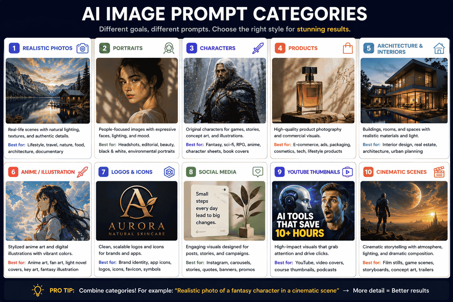 AI image prompt categories for realistic photos portraits products characters anime logos social media thumbnails and cinematic scenes