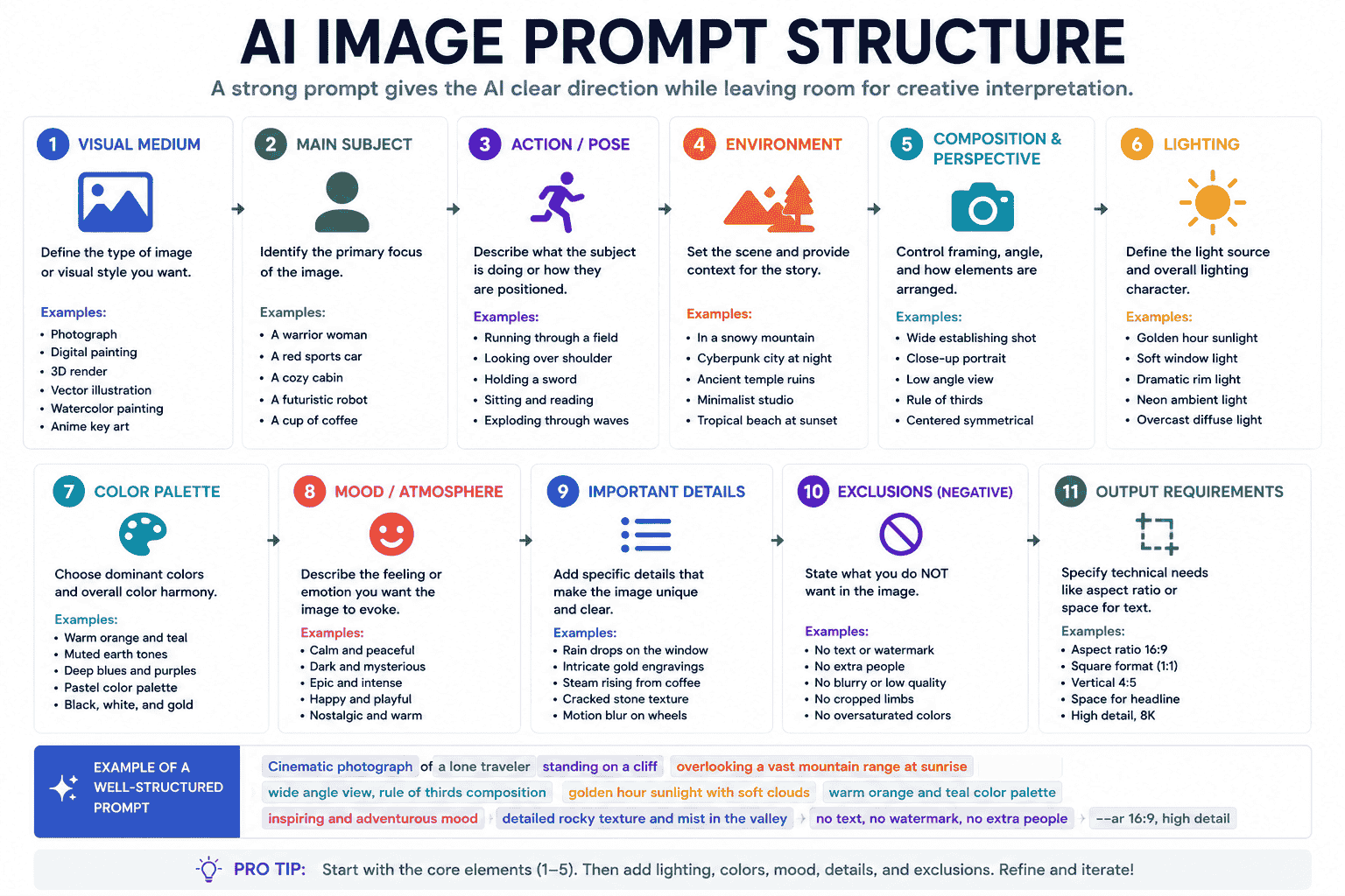 AI image prompt structure showing medium subject action environment composition camera lighting colors mood details and exclusions