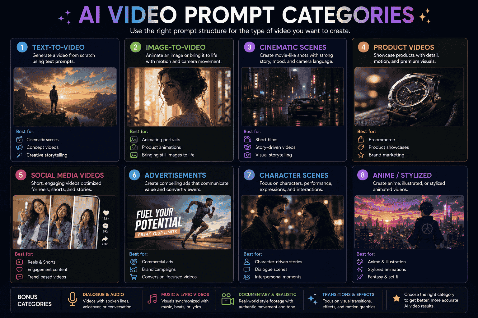 AI video prompt categories for text to video image to video cinematic product social media advertisements characters anime and audio