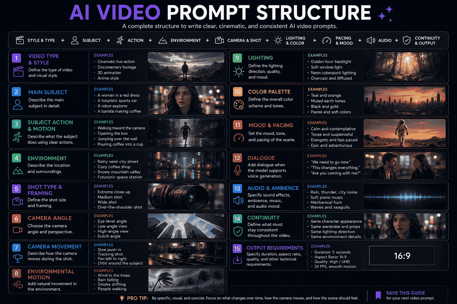 AI video prompt structure showing style subject action environment framing camera movement lighting pacing audio and continuity