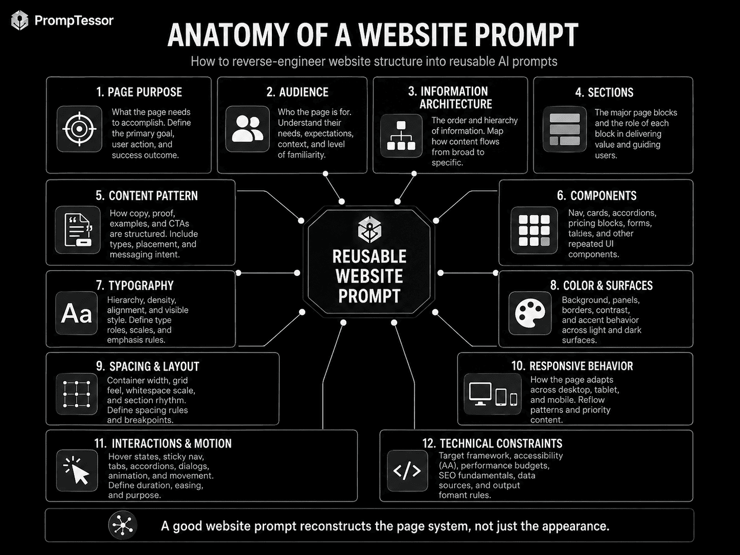 Anatomy of a website prompt infographic showing page purpose audience information architecture sections content patterns components typography color spacing responsive behavior interactions and technical constraints