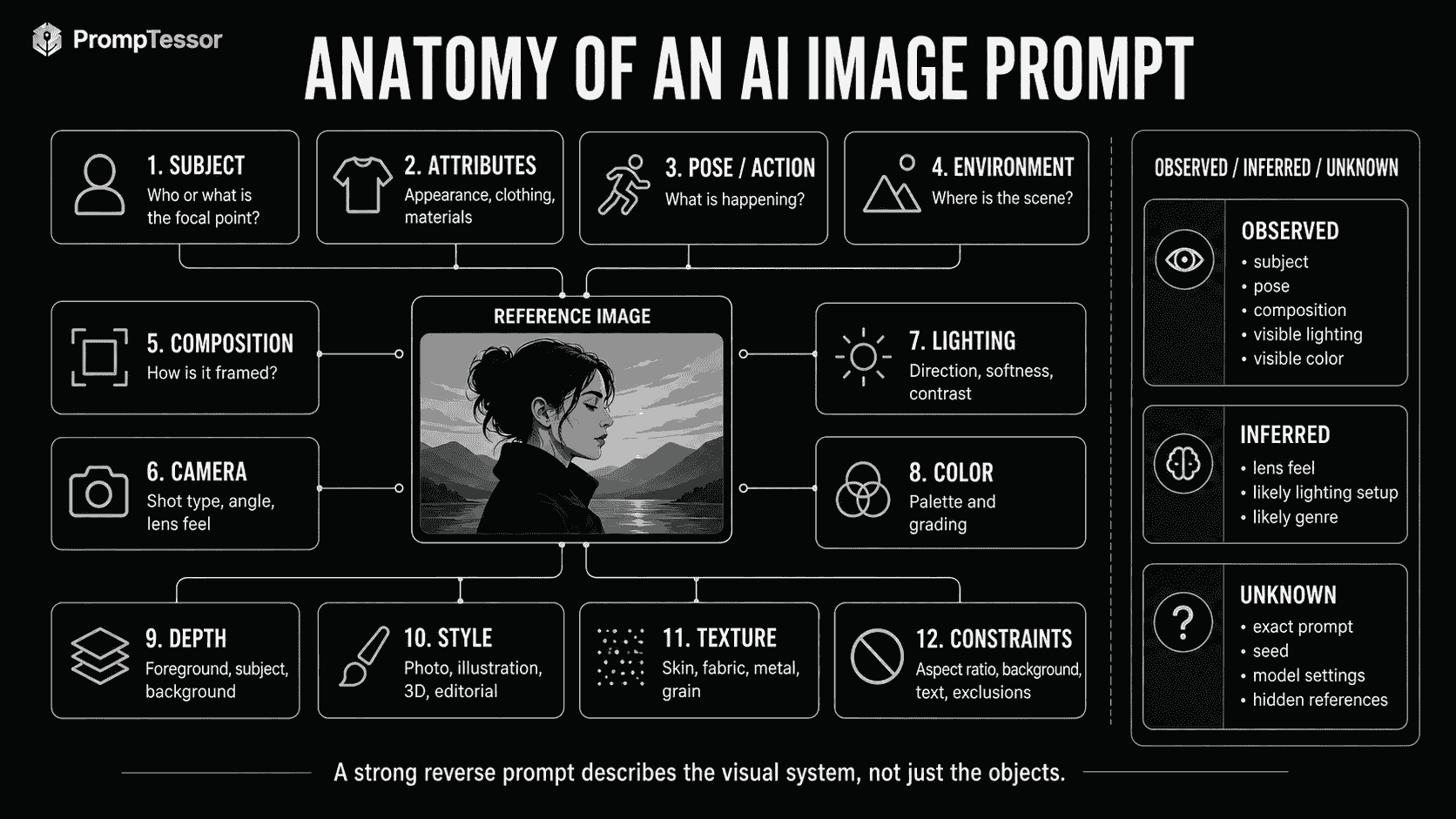 Anatomy of an AI image prompt infographic showing subject attributes pose environment composition camera lighting color depth style texture and constraints