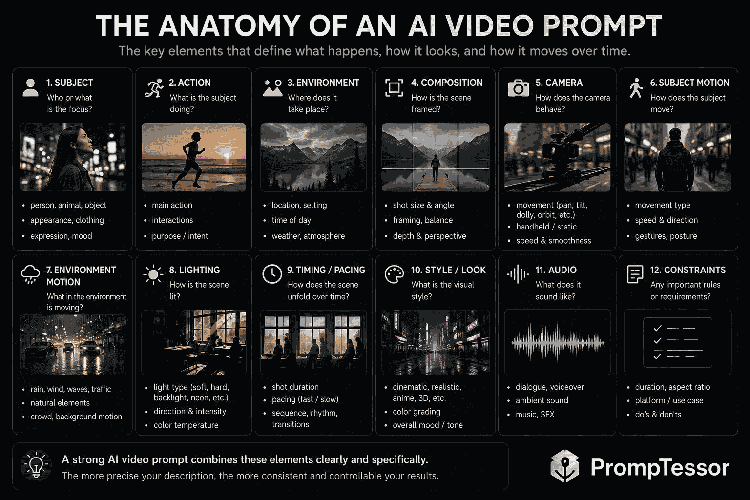 Anatomy of an AI video prompt showing subject action environment composition camera motion lighting timing style audio and constraints