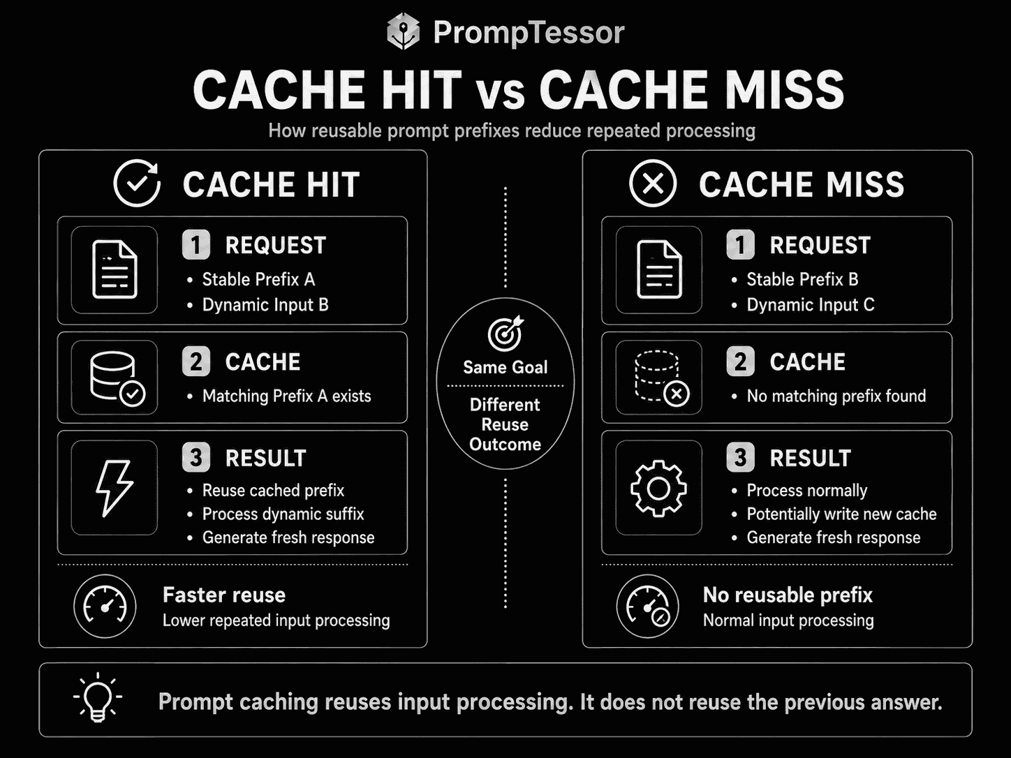 Cache hit versus cache miss infographic showing matching stable prompt prefixes reused from cache and changed prefixes processed normally