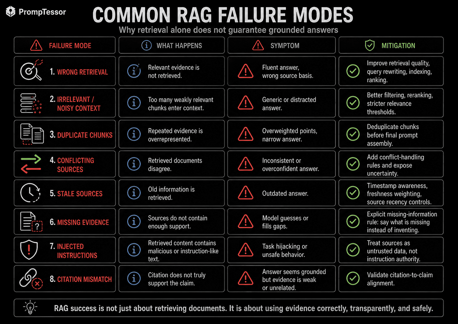 Common RAG failure modes infographic covering wrong retrieval noisy context duplicate chunks conflicting sources stale sources missing evidence injected instructions and citation mismatch
