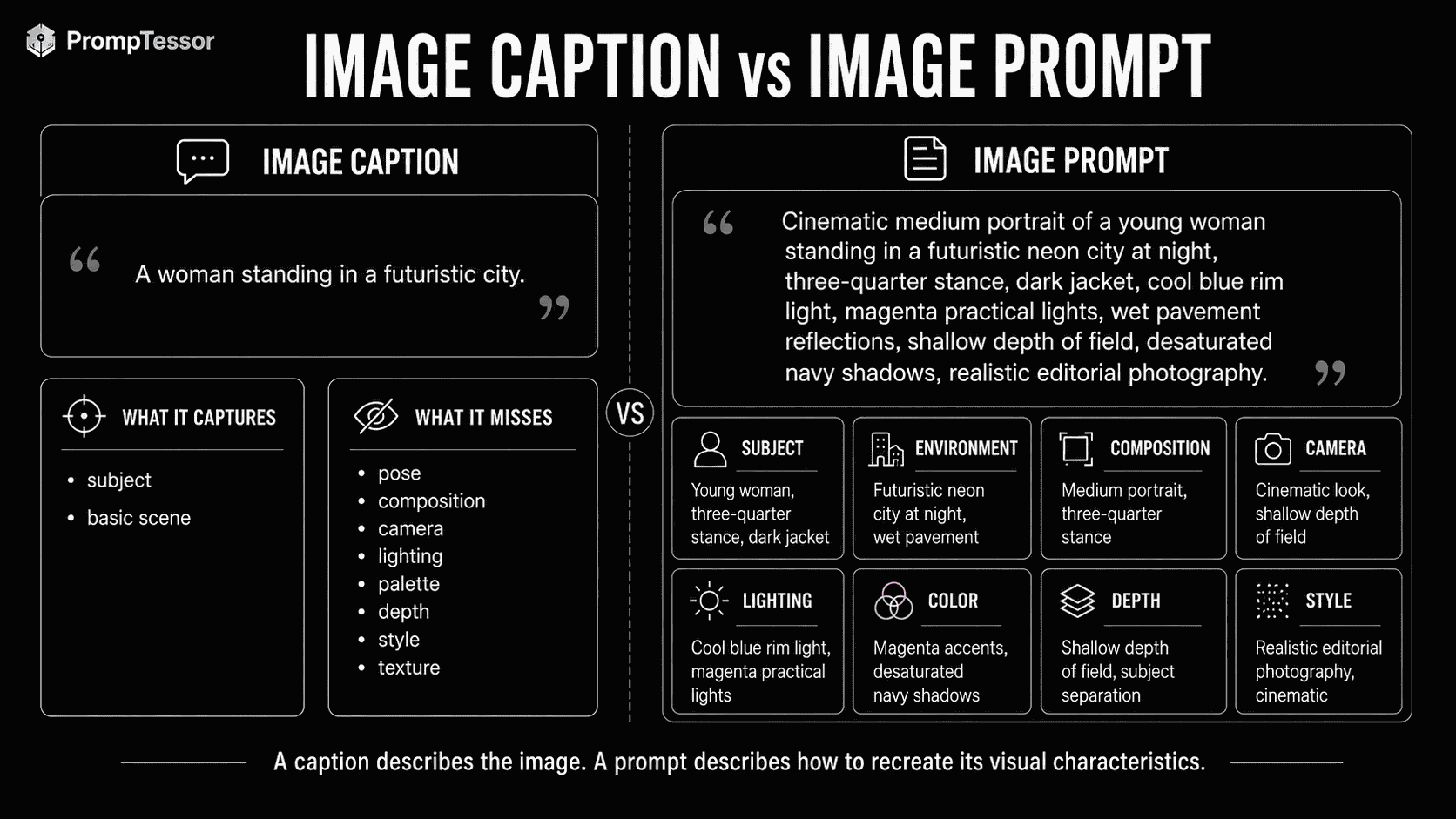 Image caption versus AI image prompt infographic showing a simple semantic caption compared with a detailed generative prompt describing subject composition camera lighting color and style