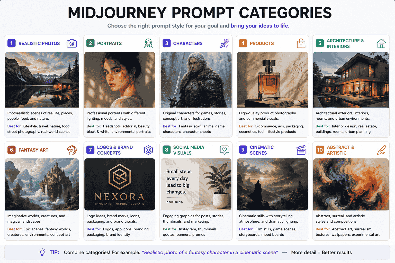 Midjourney prompt categories for realistic photography portraits characters products architecture fantasy art logos and cinematic scenes