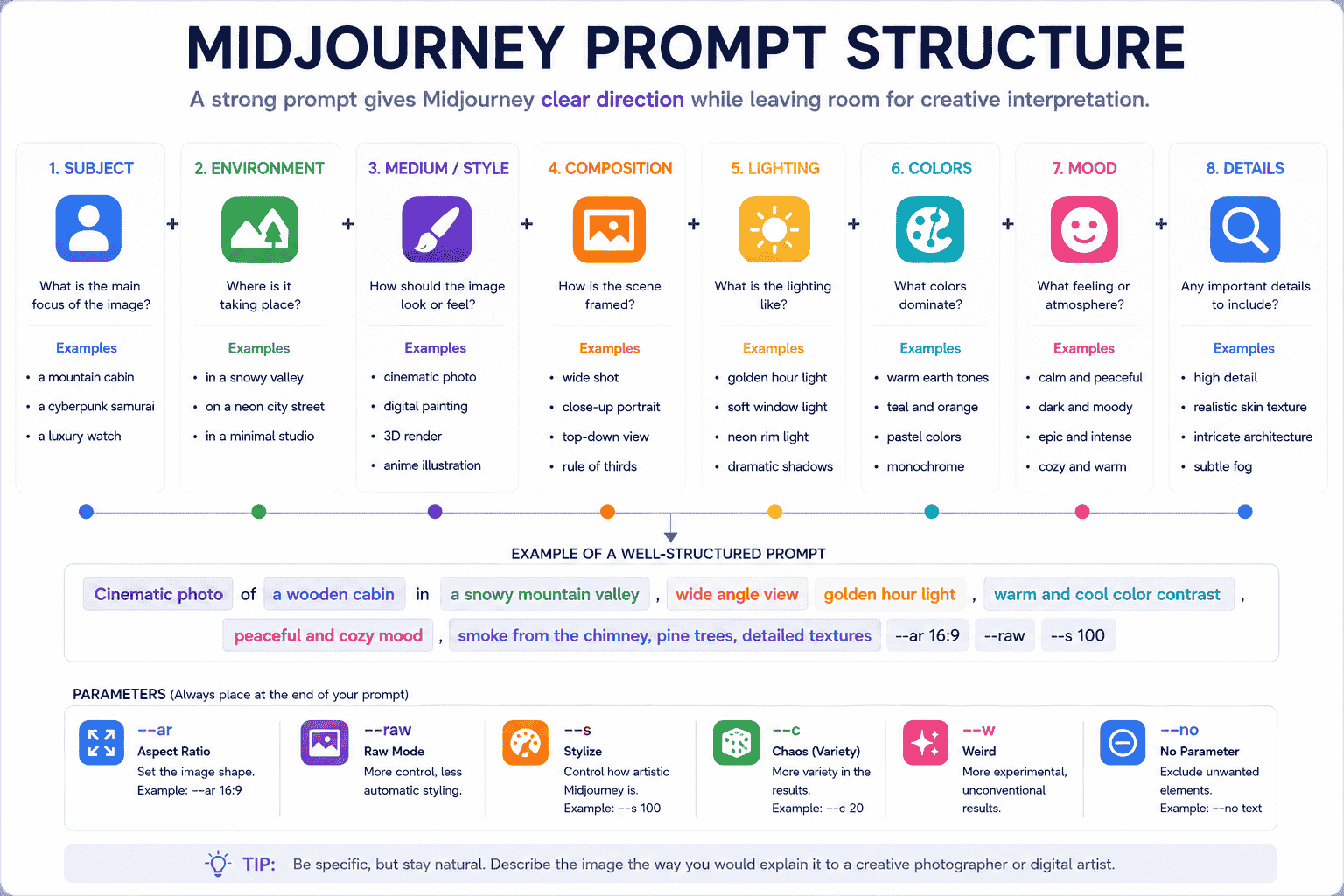 Midjourney prompt structure showing subject environment medium composition lighting colors mood details and parameters