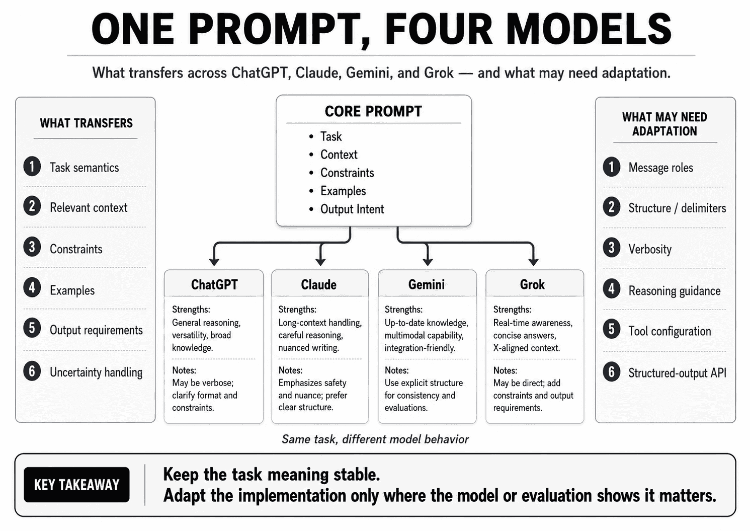 One core prompt branching into ChatGPT Claude Gemini and Grok with universal prompt principles and model-specific adaptations