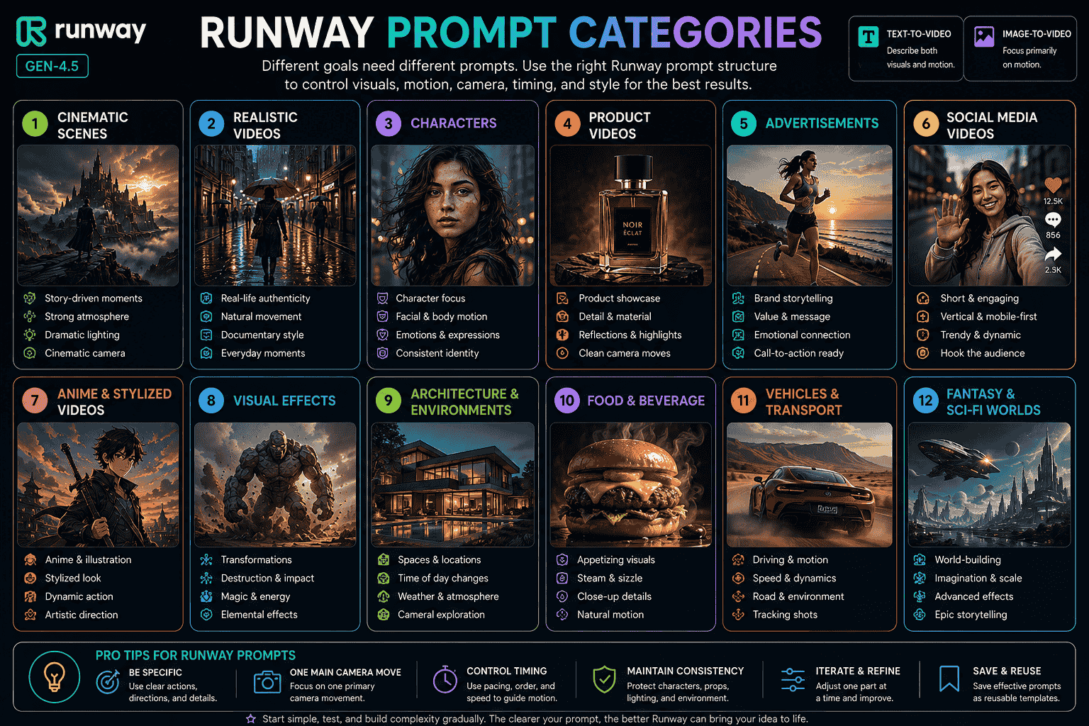 Runway prompt categories for text to video image to video cinematic realistic character products advertisements social media animation and visual effects