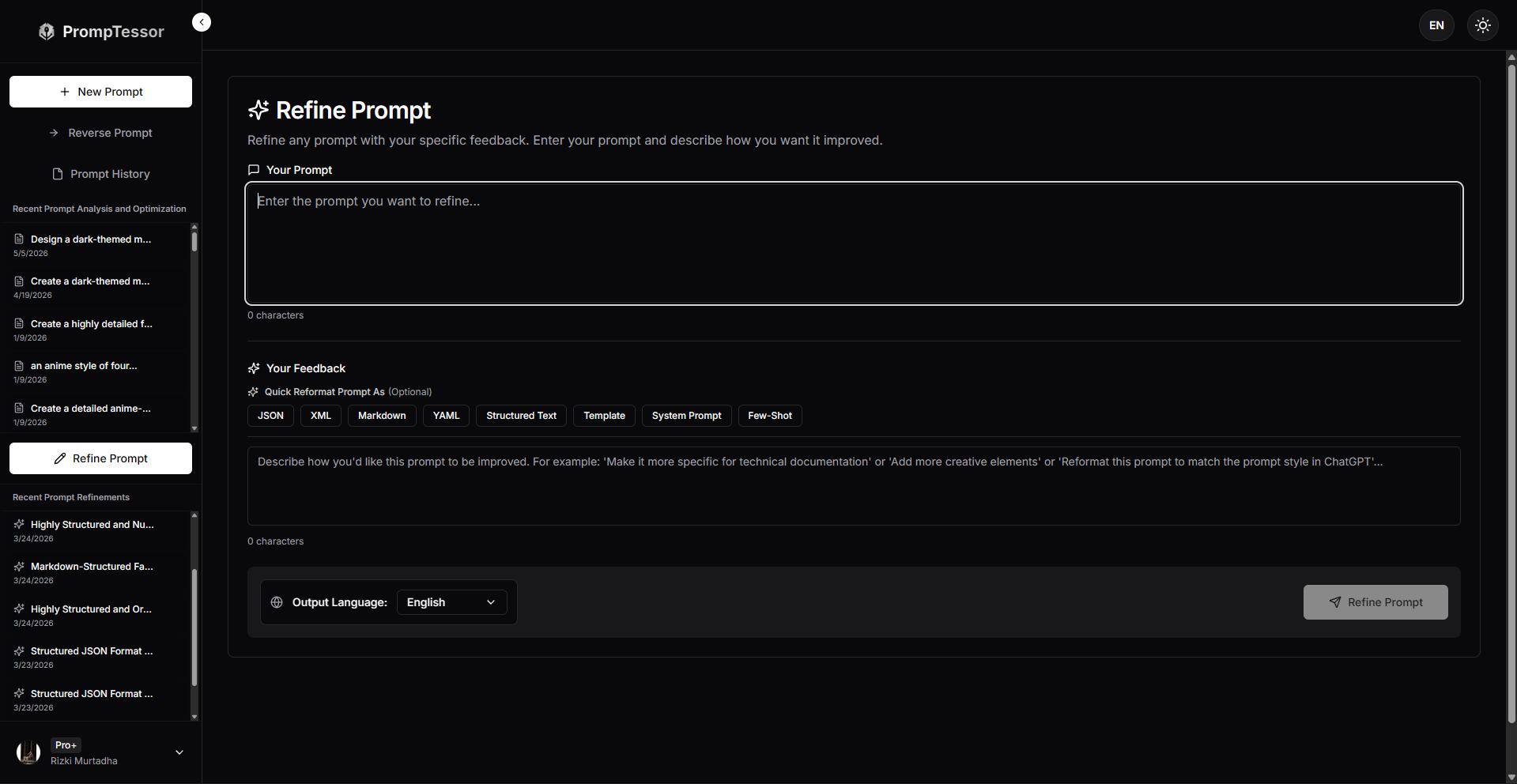 PrompTessor Refine With Feedback feature for improving optimized prompts based on user feedback, goals, and preferred output style
