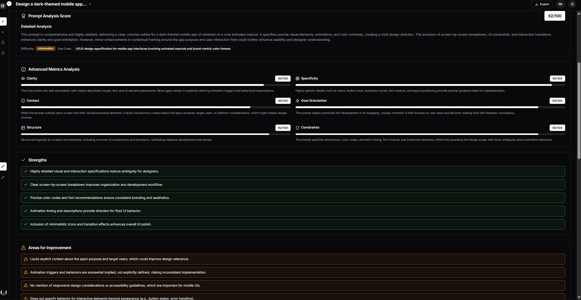 PrompTessor AI prompt analysis feature showing prompt quality insights, scores, strengths, and weaknesses