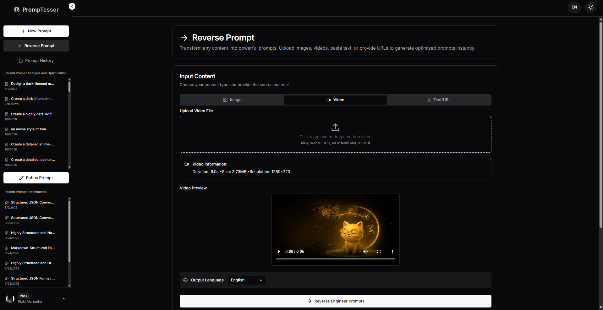 PrompTessor Reverse Prompt feature for recreating likely prompts from content, images, video, text, and URLs