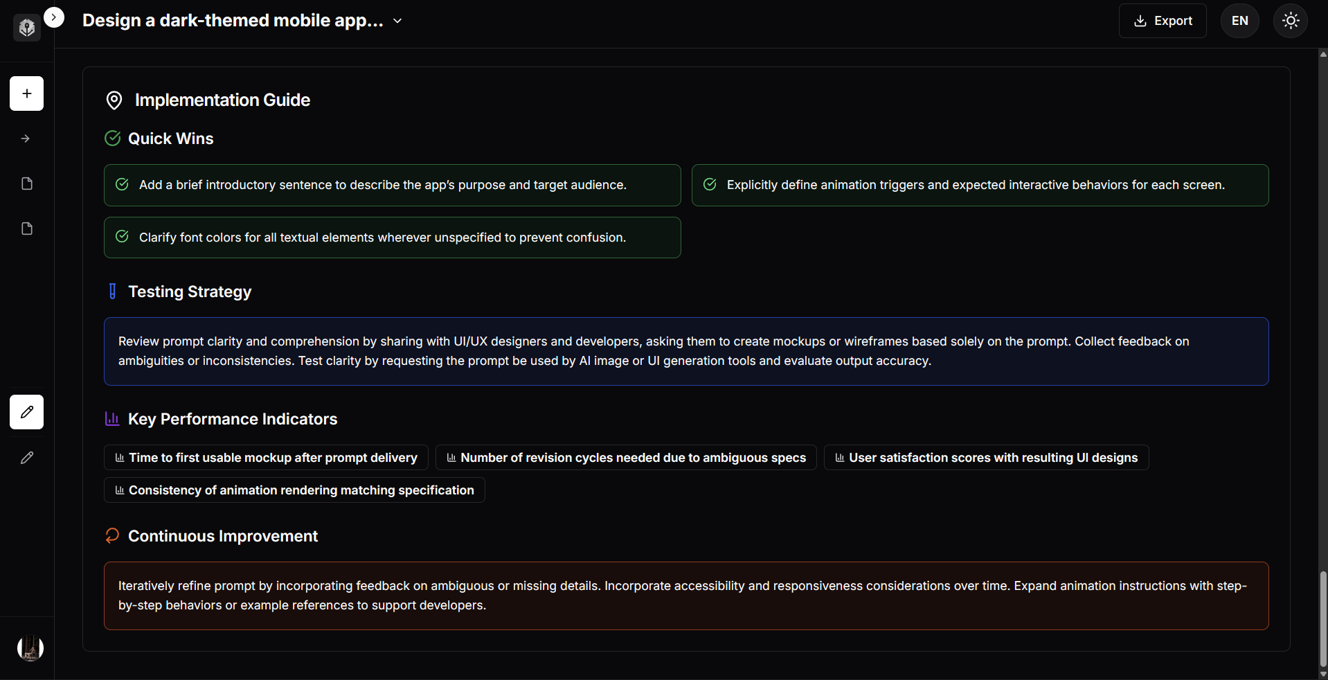 PrompTessor actionable prompt feedback feature showing suggestions to improve clarity, context, structure, and prompt quality
