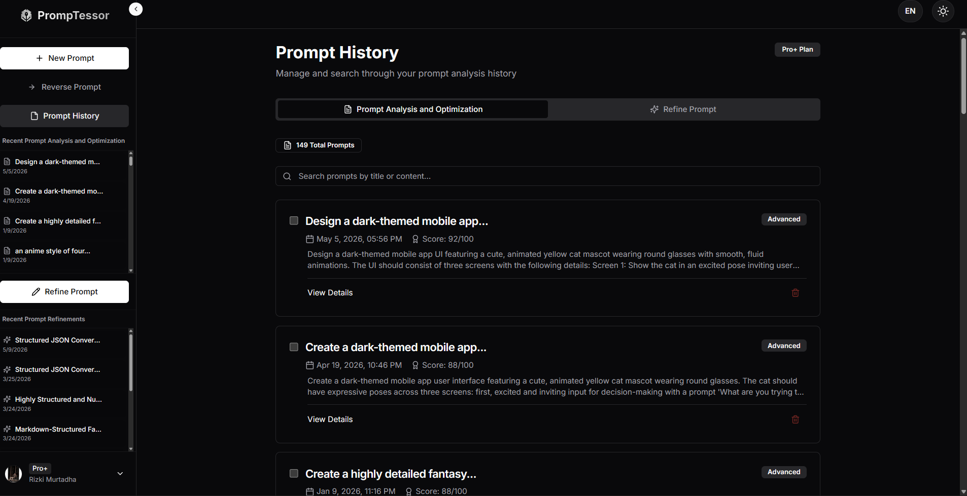 PrompTessor prompt history feature showing saved prompts, optimized versions, and previous AI prompt improvement activity