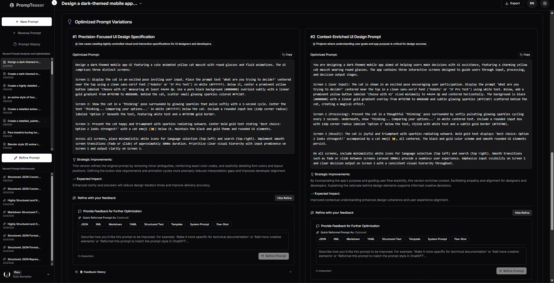 PrompTessor AI prompt optimization tool showing prompt optimization