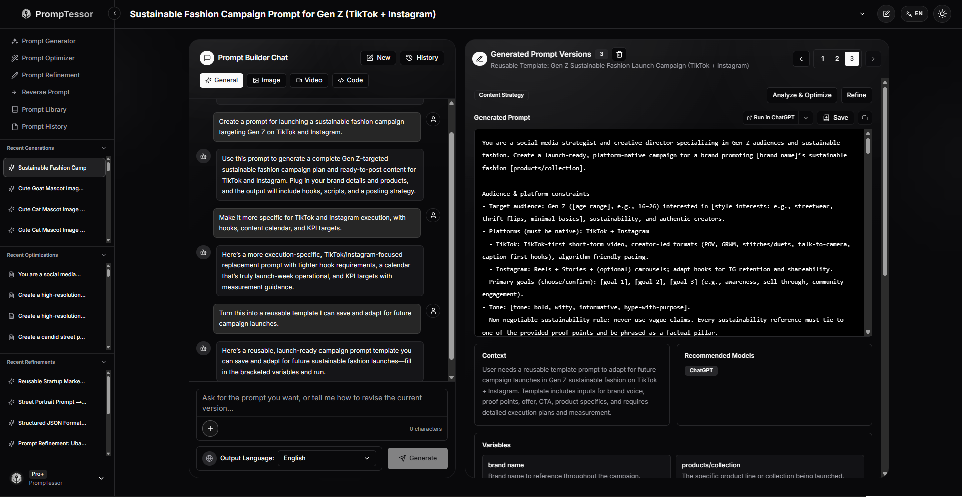 PrompTessor AI prompt generator interface for creating, optimizing, refining, and saving reusable prompts