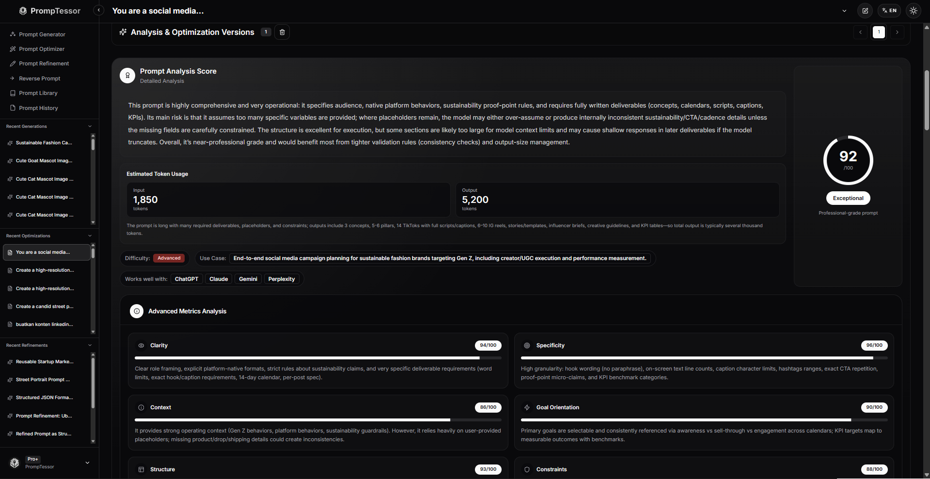 PrompTessor AI prompt analysis feature showing prompt quality insights, scores, strengths, and weaknesses