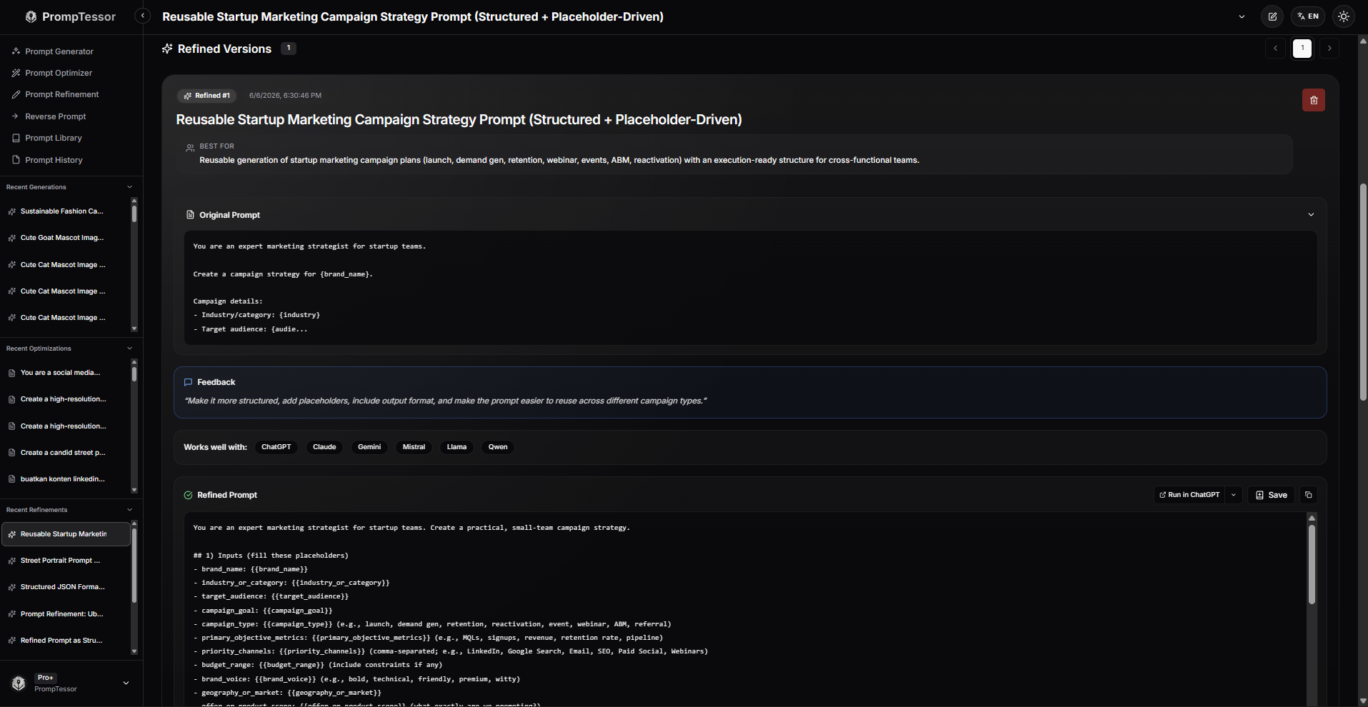PrompTessor Prompt Refinement feature for improving existing prompts with feedback, formatting options, and iterative improvements