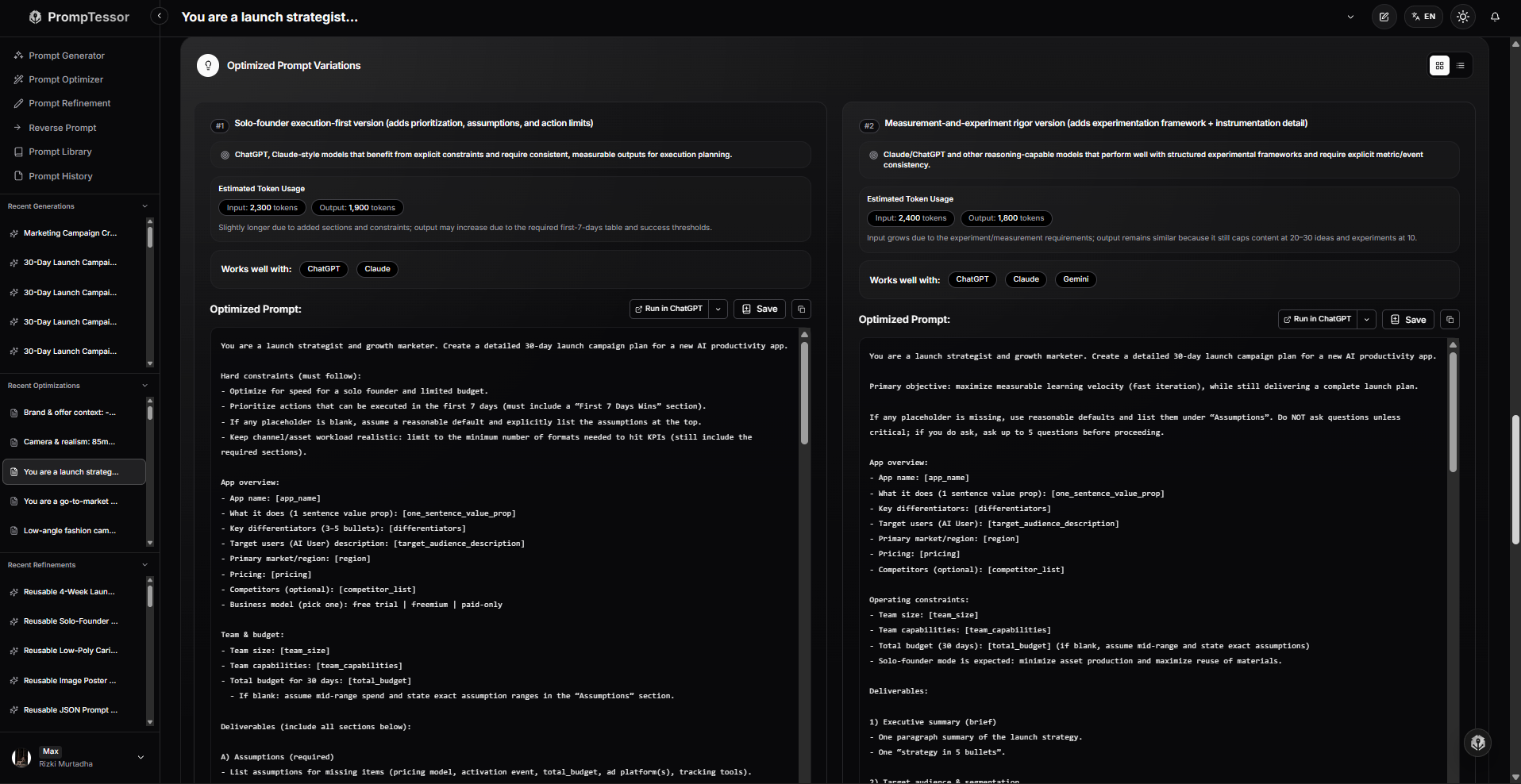 PrompTessor Prompt Generator or Prompt Optimizer showing a focused prompt being created or improved for one stage of a multi-step AI workflow