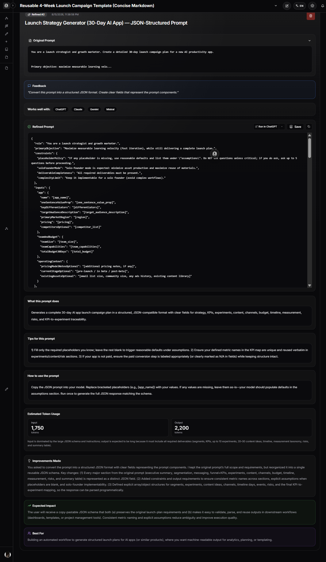 PrompTessor Prompt Refinement converting a loosely defined AI task into a clearer JSON-oriented structured output prompt