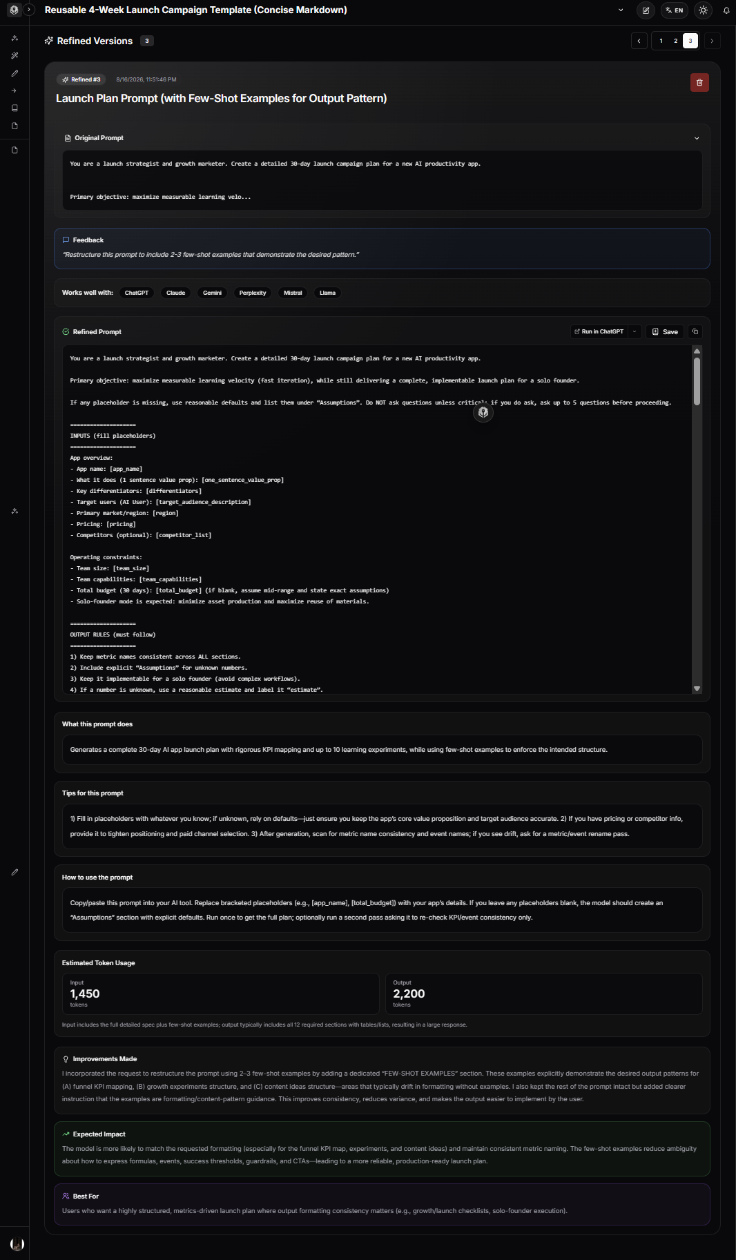 PrompTessor Prompt Refinement converting a basic classification prompt into a clearer few-shot prompt with examples