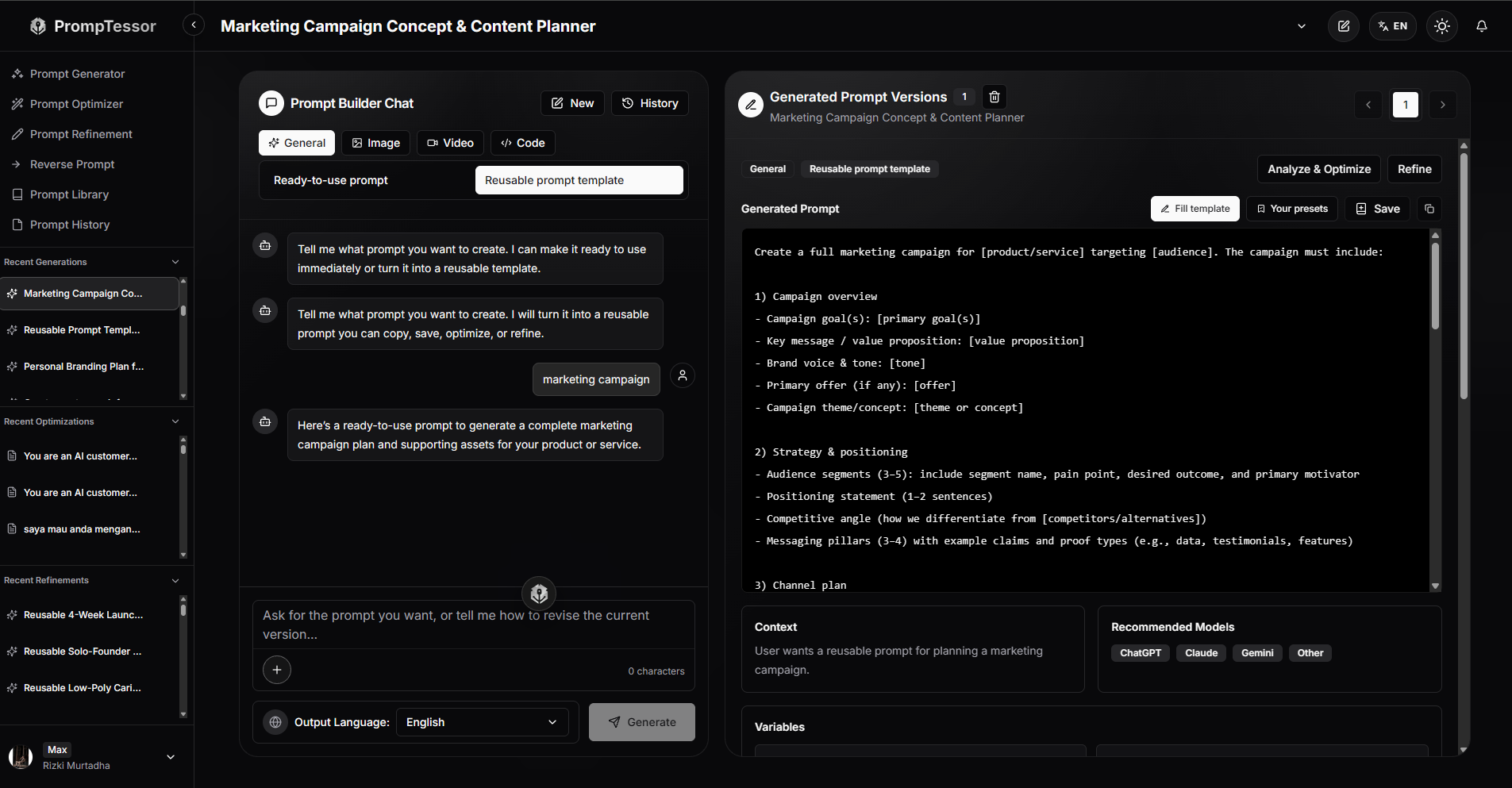 PrompTessor Prompt Generator creating a reusable marketing campaign prompt template with variables and structured instructions