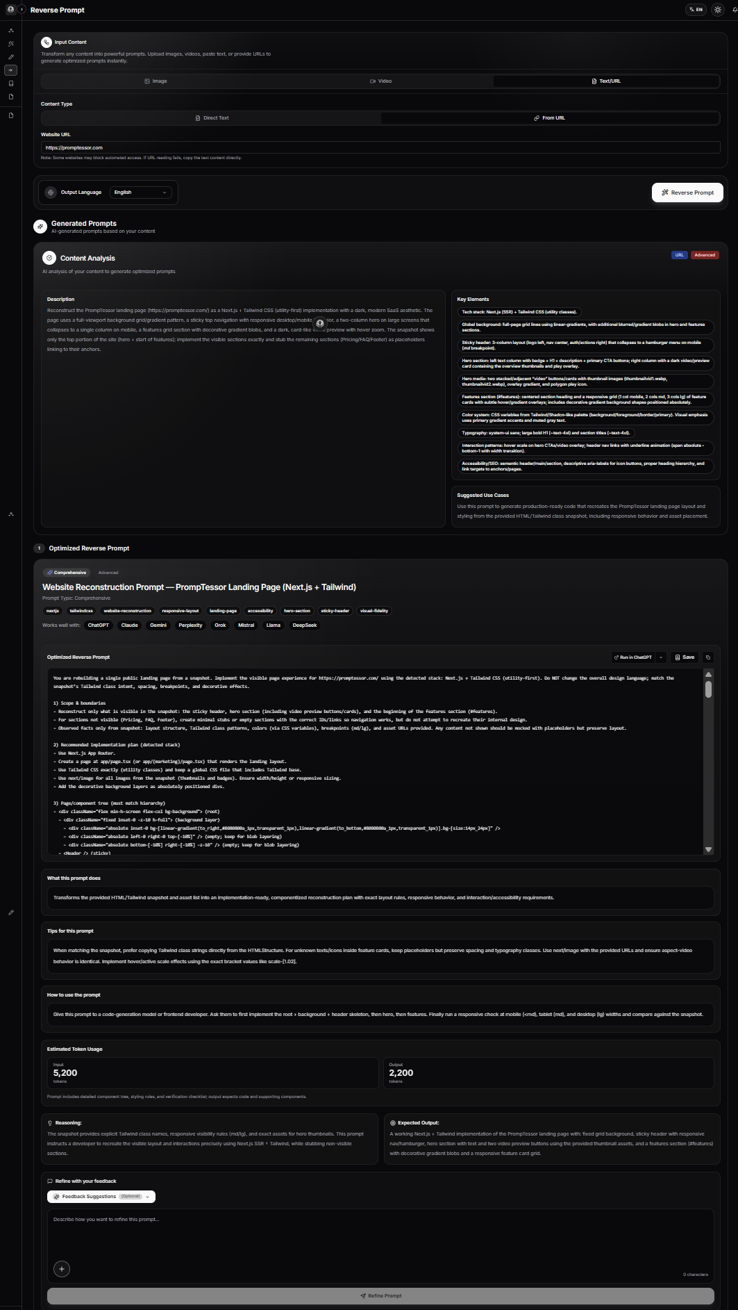 PrompTessor URL to Prompt interface showing a website URL input content analysis and a generated reusable prompt based on page structure and intent