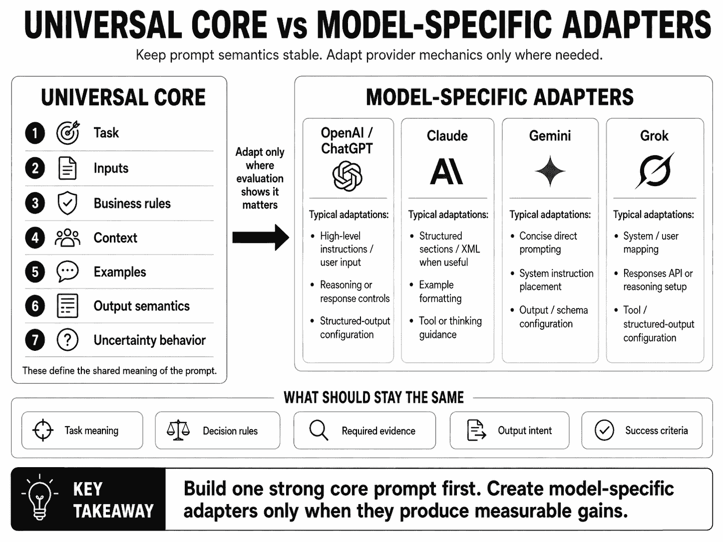 Universal core prompt with task context constraints examples and output semantics branching into OpenAI Claude Gemini and Grok model adapters