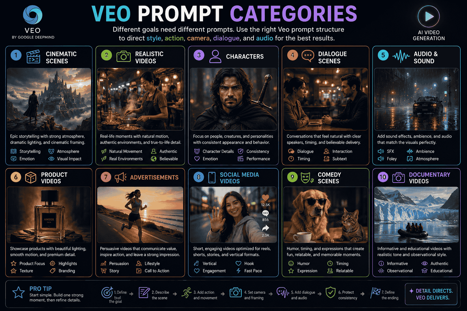 Veo prompt categories for cinematic realistic character dialogue audio product advertising social media comedy and documentary videos