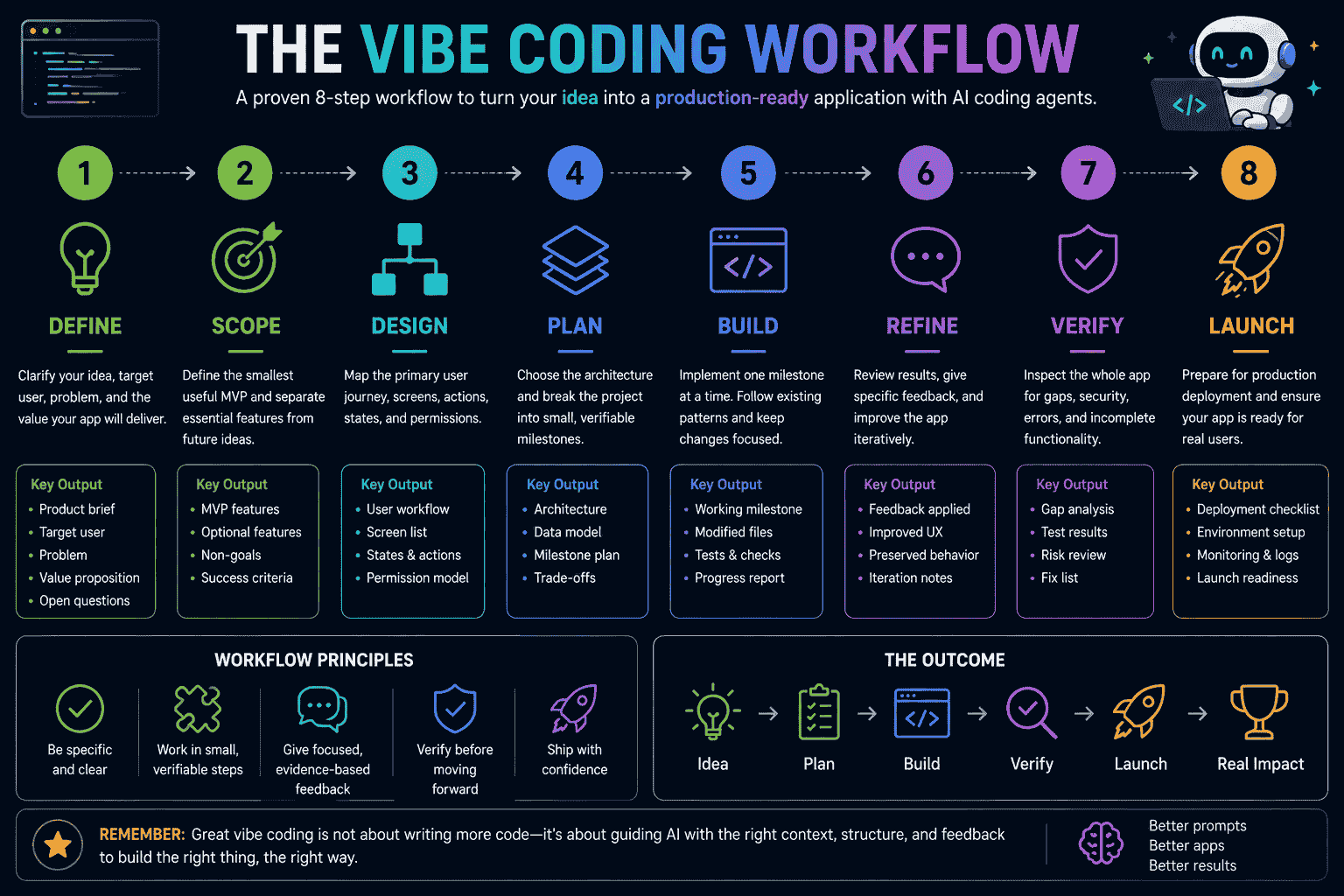 Vibe coding workflow from defining an app idea and MVP to planning building refining verifying and launching the application