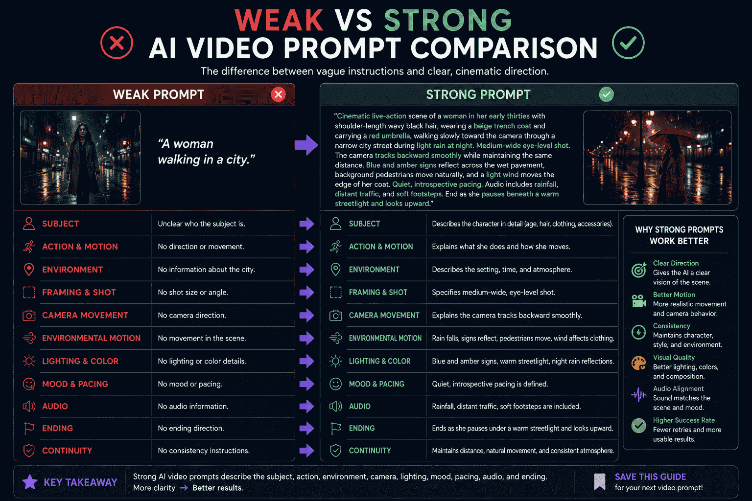 Weak versus strong AI video prompt comparison showing added subject motion camera movement lighting pacing audio and continuity