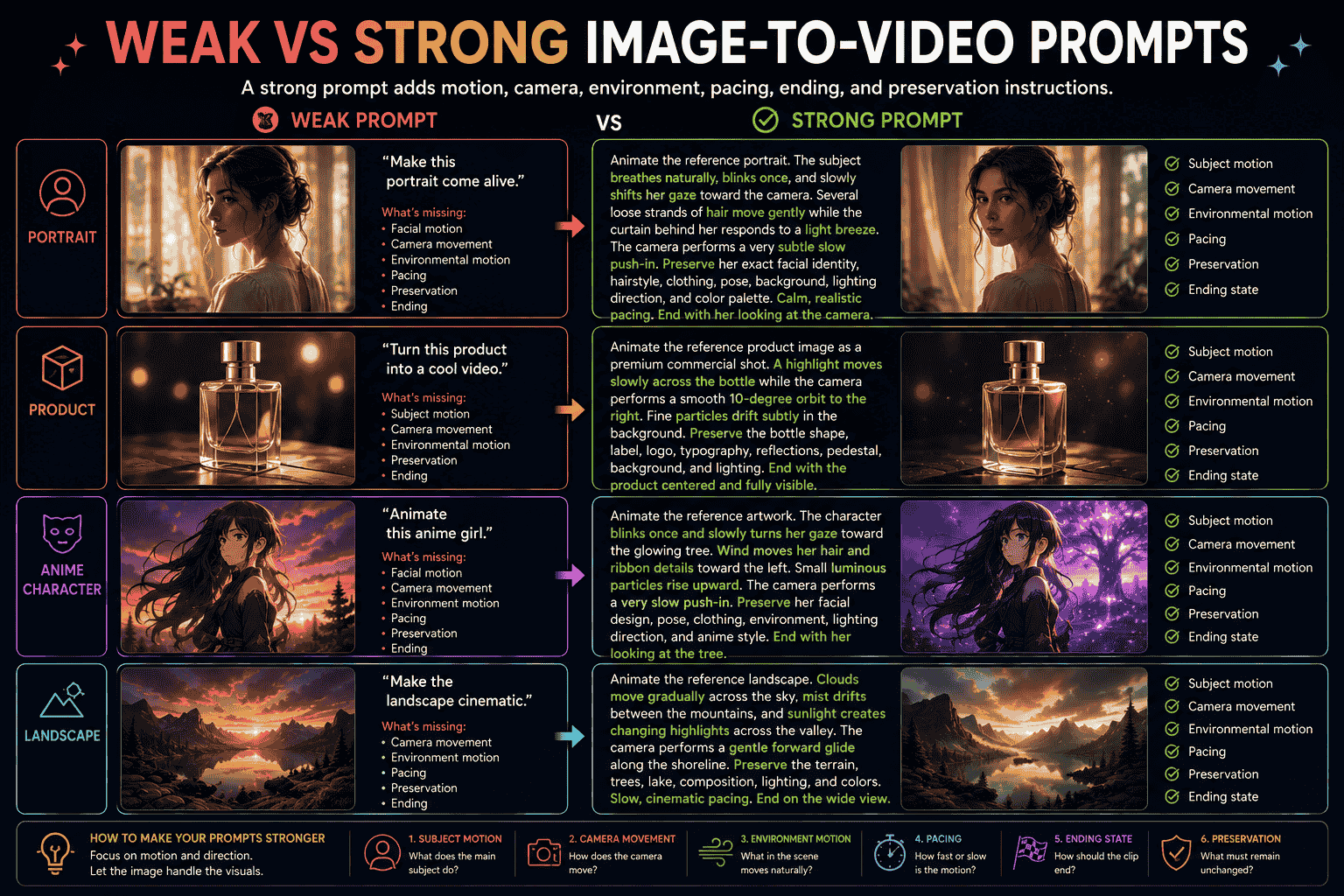 Weak versus strong image to video prompt comparison showing added subject motion camera movement environment pacing ending and preservation instructions