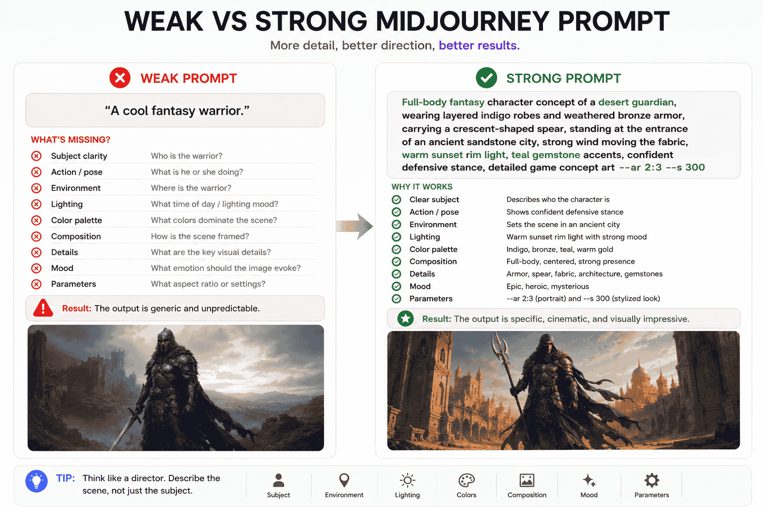 Weak versus strong Midjourney prompt comparison showing added subject environment composition lighting colors mood and parameters