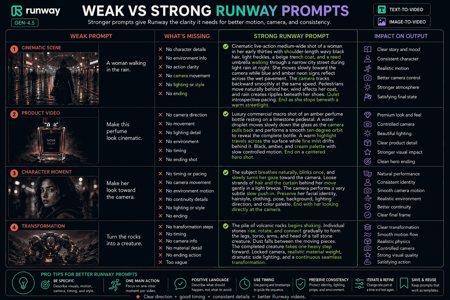 Weak versus strong Runway prompt comparison showing improved visual description motion camera timing and continuity