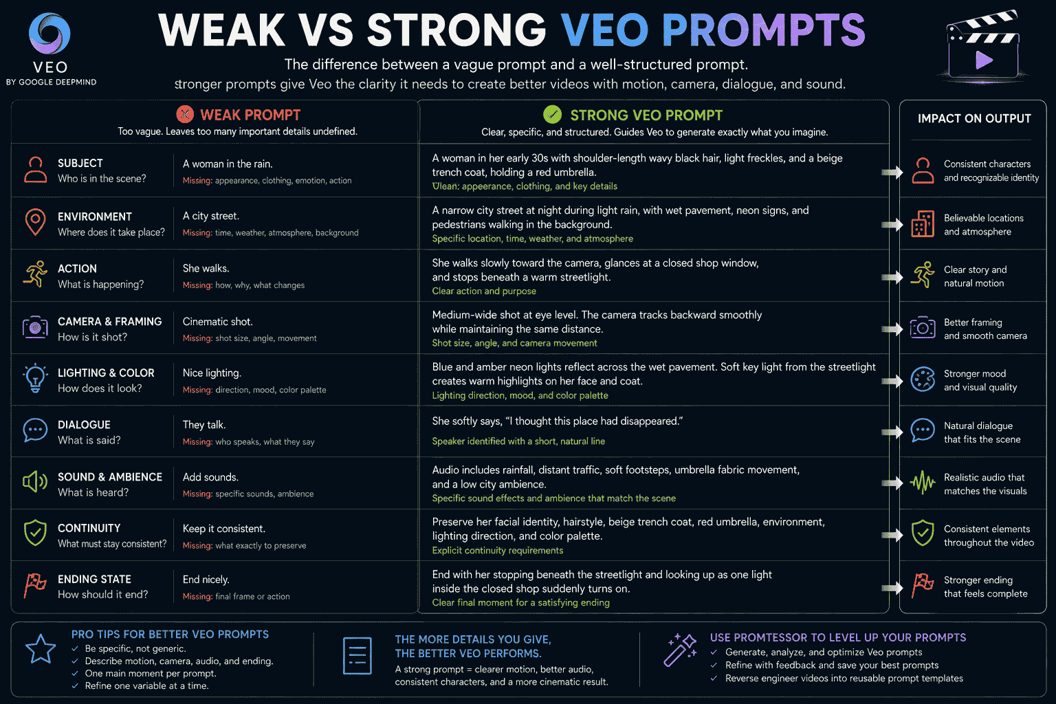 Weak versus strong Veo prompt comparison showing added subject action camera movement lighting dialogue sound continuity and ending