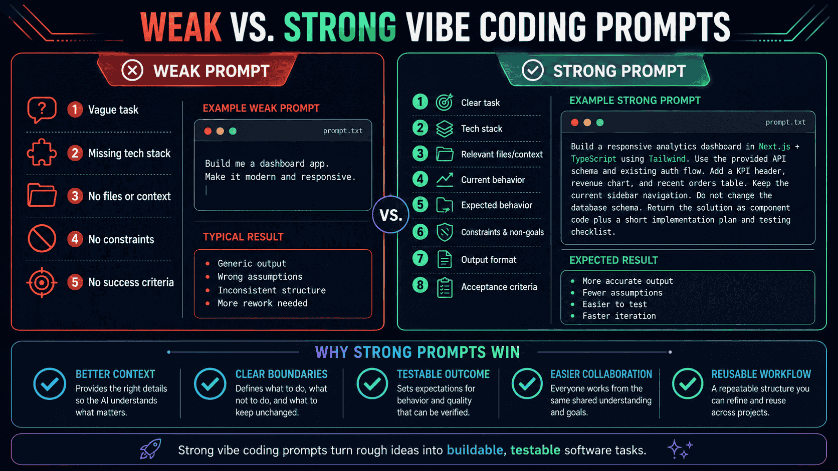 Weak versus strong vibe coding prompt comparison showing product goals target users MVP scope technical context constraints acceptance criteria and verification