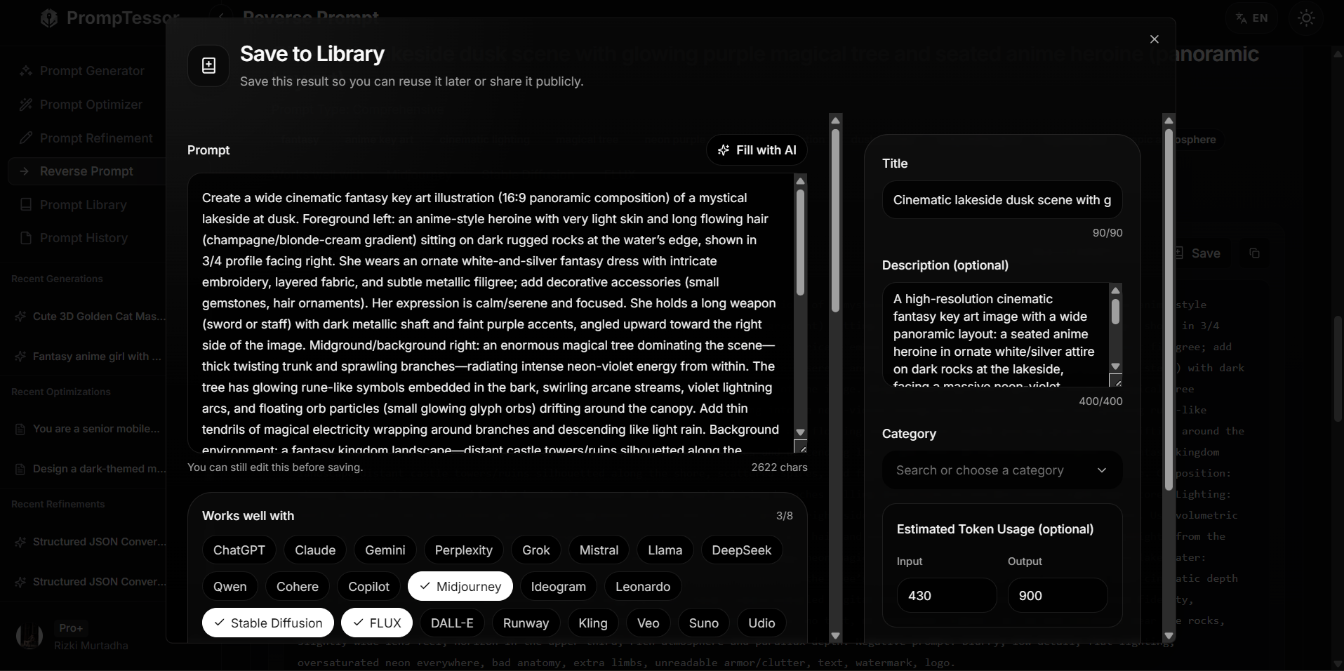 Reverse Prompt workflow showing existing content becoming a refined reusable prompt saved in a prompt library