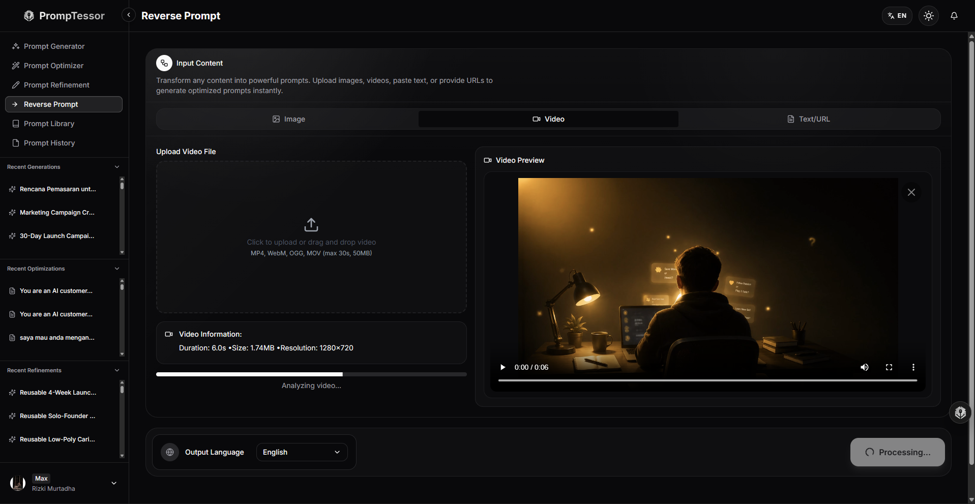 PrompTessor Reverse Prompt Video to Prompt converting a reference video into a reusable AI video generation prompt