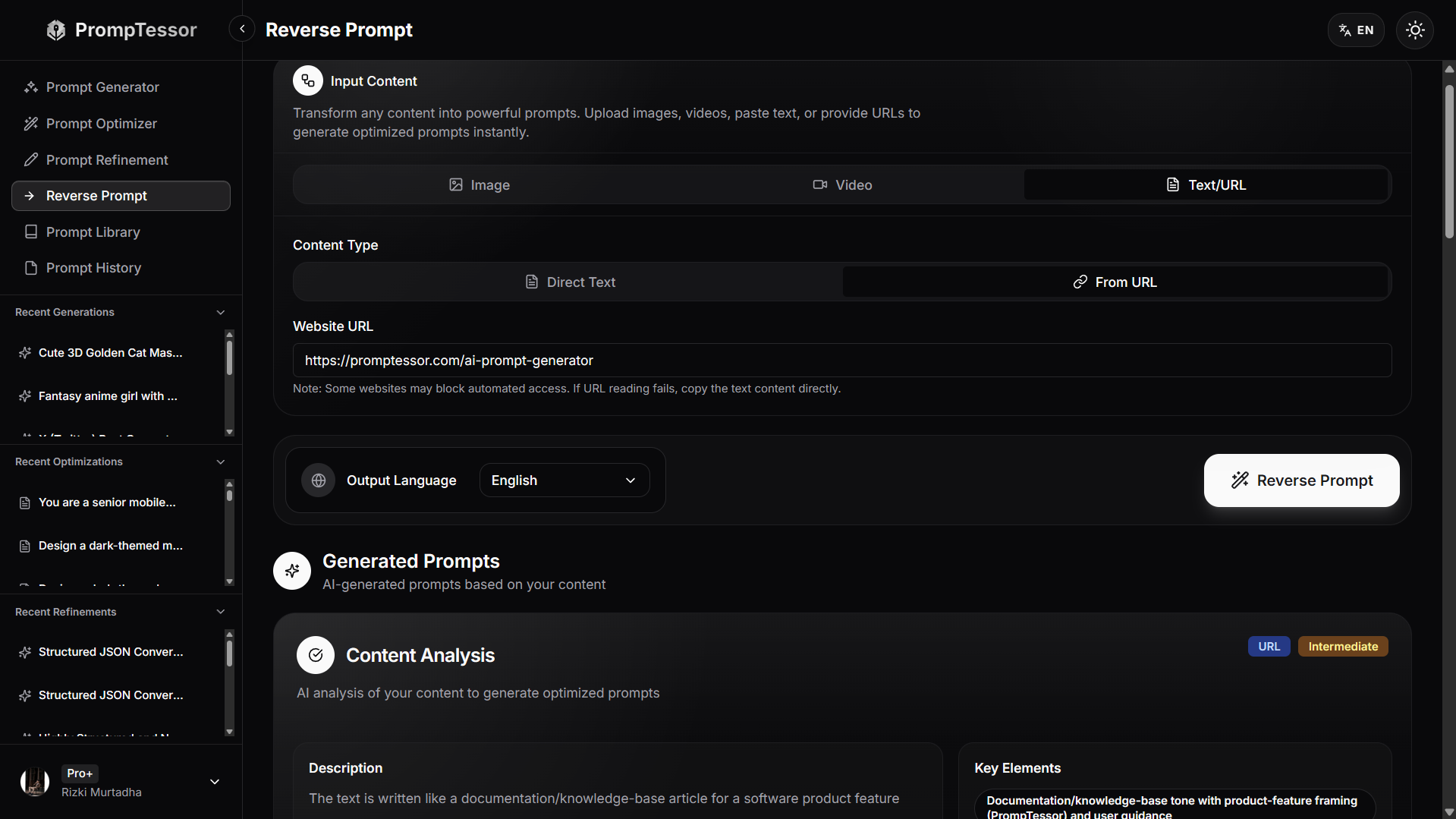 URL reverse prompt workflow showing a web page being analyzed into structure audience intent sections and reusable prompt instructions