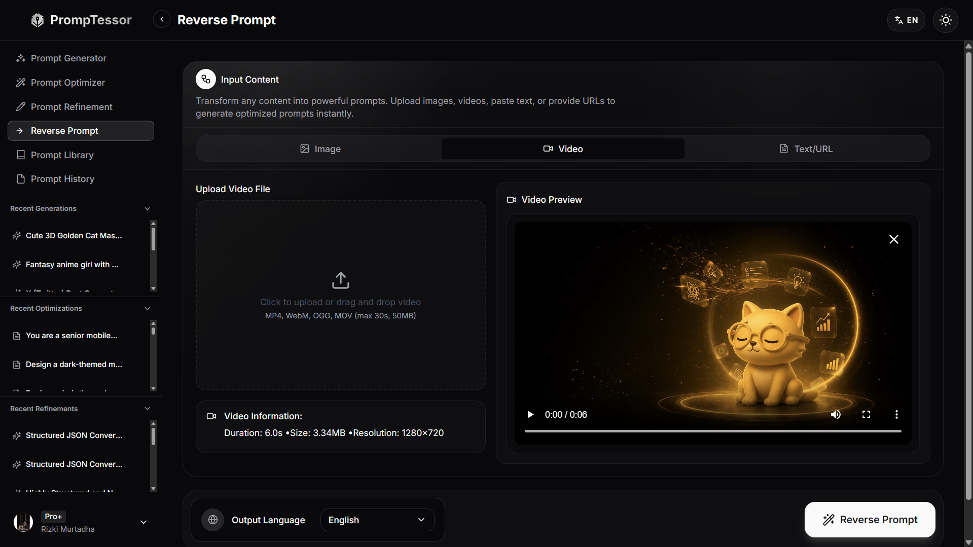 Video reverse prompt workflow showing scene motion camera movement lighting and pacing being turned into a reusable AI video prompt